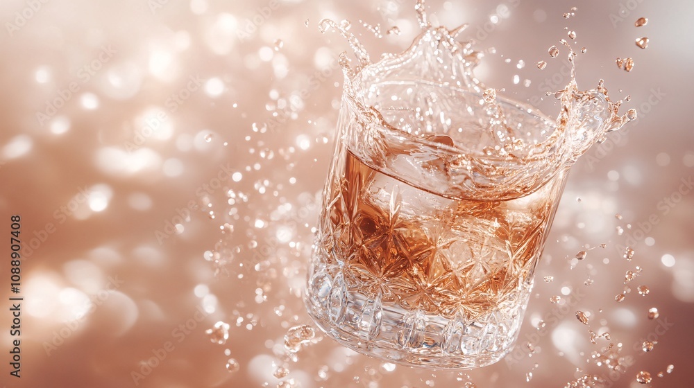 Aufkleber 45-degree topview Isolated on background a whiskey glass tilted slightly with liquid ripples and a dramatic splash on a gradient light brown background with side empty space for text Stockphoto style