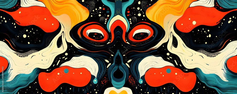 Poster abstract background flows with colorful shapes on dark backdrop