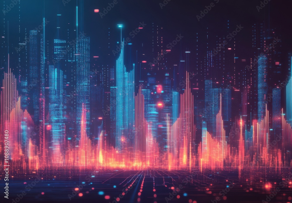 Poster futuristic city skyline with neon lights and digital waves representing data visualization and techn