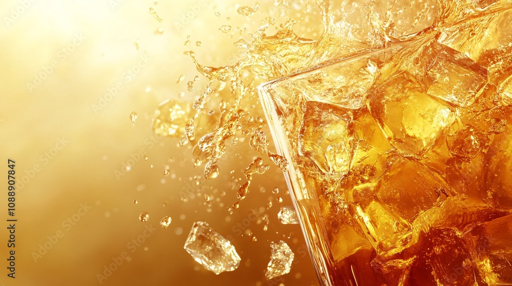 Fototapete 45-degree topview Isolated on background a whiskey tumbler with ice cubes dynamically scattering and liquid splashing elegantly on a soft caramel background with side empty space for text Stockphoto
