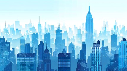 A digital illustration of a city skyline in shades of blue.