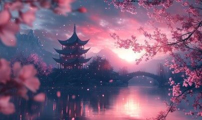 beautiful tibet night scene wallpaper background, in the style of gothic illustration, surrealistic elements, religious building, cherry blossoms, view of chinese temple