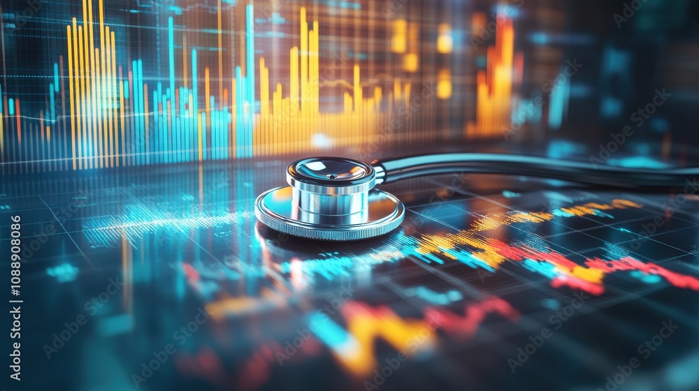 Poster futuristic medical data analysis with stethoscope and digital graphs displaying health metrics, tech