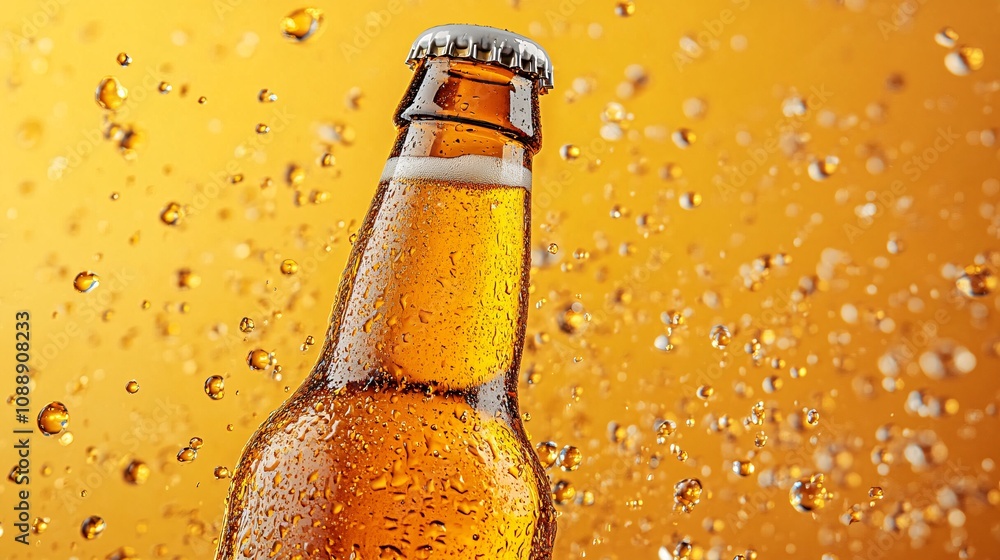 Poster 45-degree topview isolated on background a classic beer bottle tipped slightly with liquid spraying 