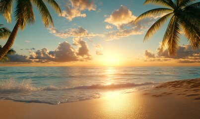 A stunningly realistic beach scene in 4K Ultra HD, with crystal clear turquoise waters, golden sands, and lush palm trees swaying in a gentle breeze, sunset over the ocean