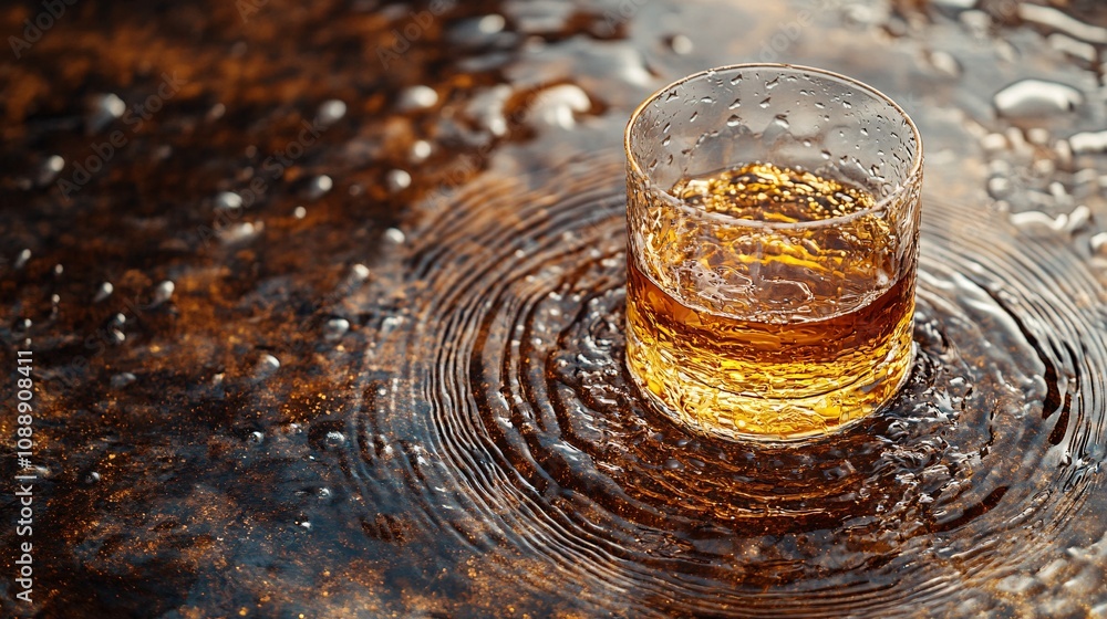 Poster 45-degree topview Isolated on background a whiskey glass mid-splash as liquid arcs gracefully outward surrounded by a few scattered droplets on a dark copper background with side empty space for text