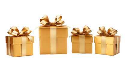 set of four gold gift box with ribbon isolated on transparent background cutout