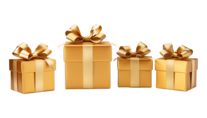 set of four gold gift box with ribbon isolated on transparent background cutout