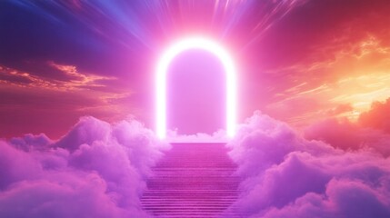 Radiant gate at the summit of a staircase, framed by luminous clouds and heavenly beams of light.