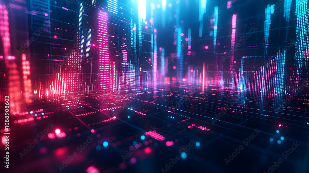 Poster abstract technology background with glowing grid and data, perspective view