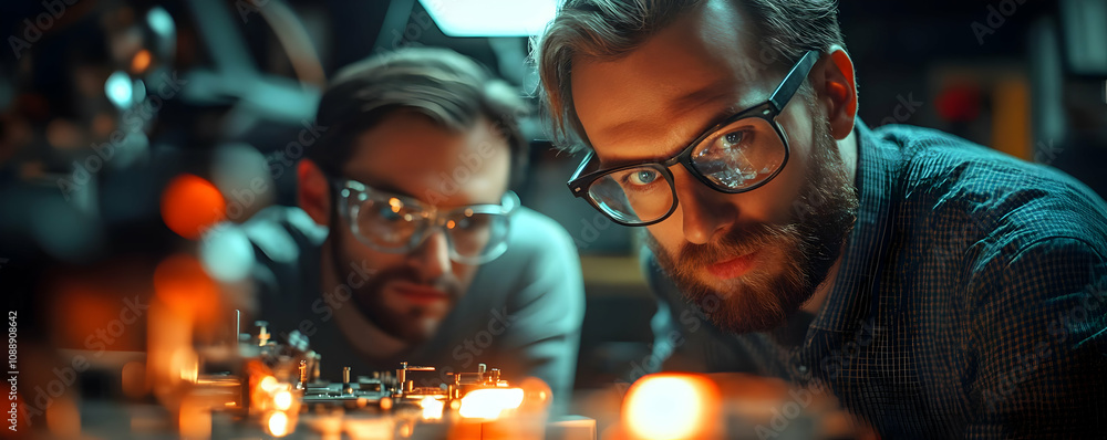 Poster two engineers work together on a complex circuit board with lights in the background