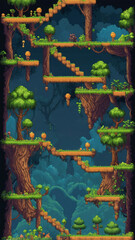 Pixel game level design. Platform game asset, fantasy 8 bit environtmen