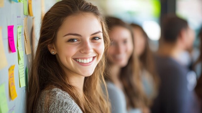 Young woman smiling brightly in an office environment, surrounded by colleagues, featuring colorful sticky notes on the wall in a creative workspace setting