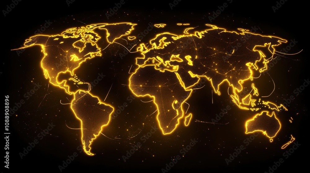 Poster illuminated world map design featuring bright yellow geographic outline with connecting lines repres