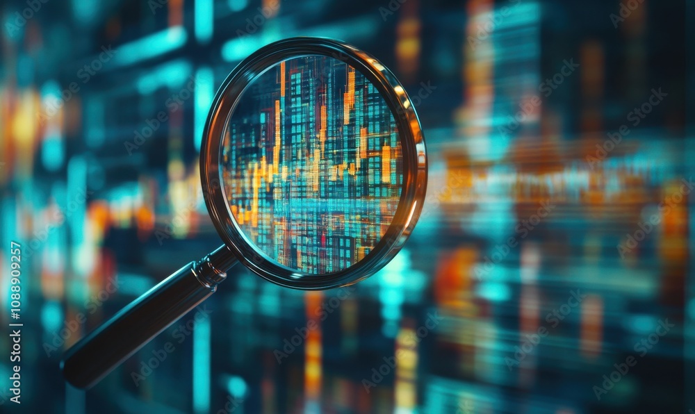 Poster magnifying glass focused on colorful data visualization against a blurred background of digital elem