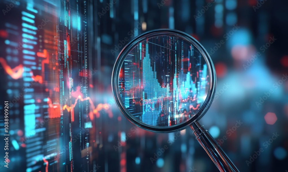Poster magnifying glass focused on stock market data with colorful graphs and digital elements representing