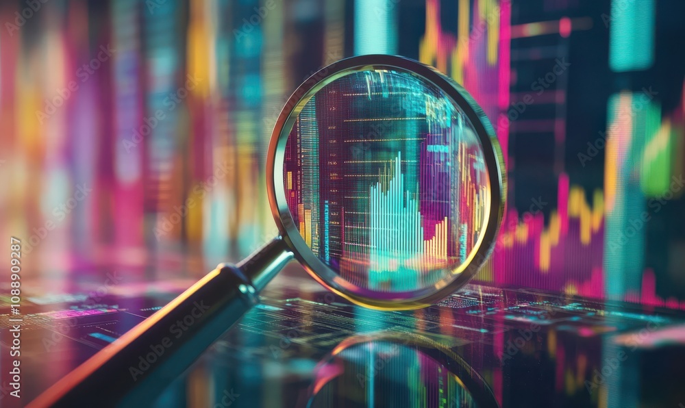 Poster magnifying glass focuses on financial data with colorful stock market charts and graphs in a futuris