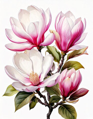 Fototapeta premium Kwiaty Magnolii, białe tło, akwarela. Generative AI