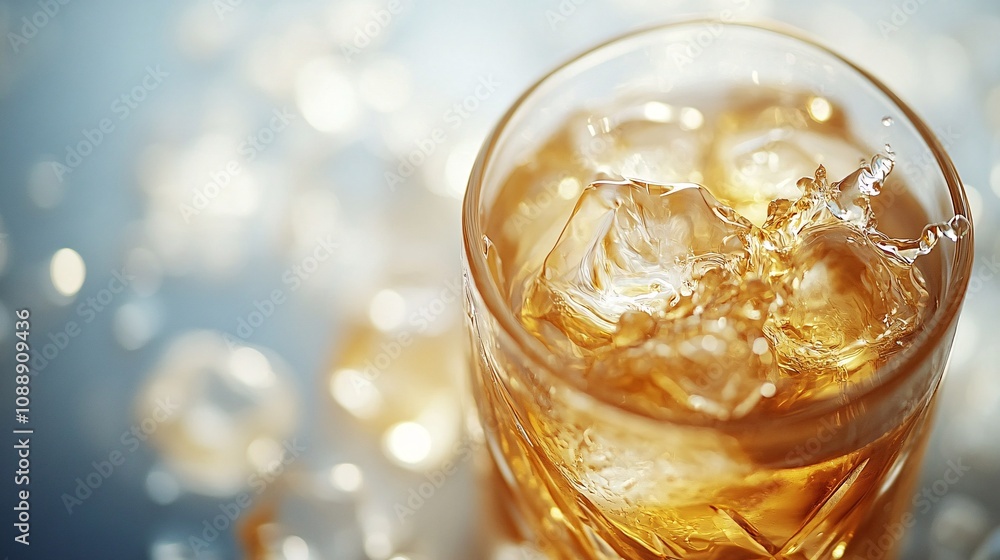 Fototapete 45-degree topview Isolated on background a whiskey tumbler colliding with another glass creating a splash of golden liquid with a few ice cubes mid-motion on a smoky gray background with side empty