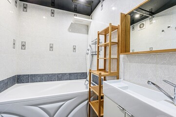 interior apartment room bathroom, sink, decorative elements, toilet. WC, sanitary unit, wash room