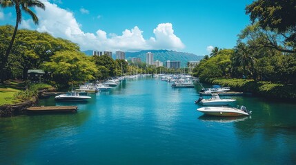 Fototapeta premium Calm canal scene with docked boats, lush greenery, and city skyline under a bright sunny sky.