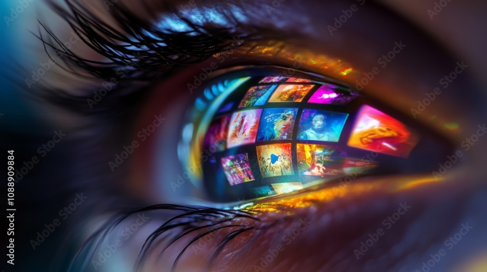 Poster this captivating visual captures a person's eye, which reflects a multitude of colorful images from 