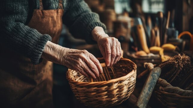 Elderly hands skillfully weave a wicker basket surrounded by earthy tones in a cozy workshop
