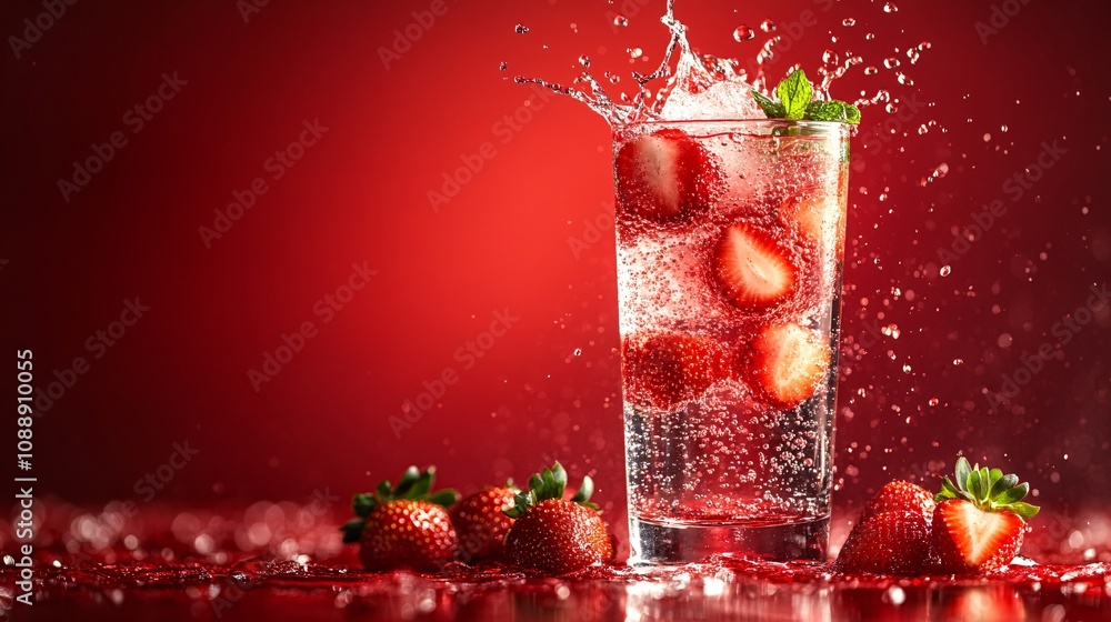 Poster 45-degree topview isolated on background a vibrant soda water drink with a layered blend of strawber
