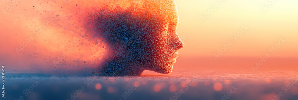 Poster abstract wireframe head dissolving into particles in sunset