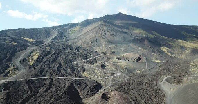 Aerial view, drone flight over Etna national park, view of volcanic landscape in Sicily, Italy