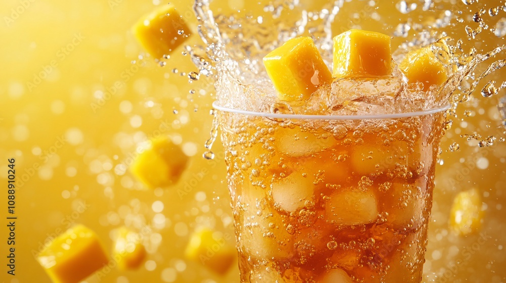 Poster 45-degree topview Isolated on background a tropical mango soda with rich orange mango juice layered beneath fizzy soda topped with mango chunks creating a water splash on a matching golden yellow