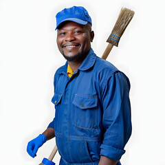 african american school janitor with a smile and a broom standing in a corridor of an educational institution with a white accent, png