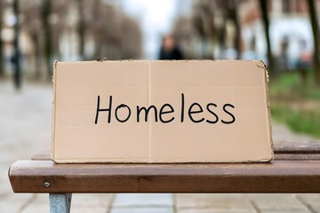 Person Sitting on a Bench with a Homeless Sign – A Powerful Image Highlighting Poverty, Struggles, and Social Issues