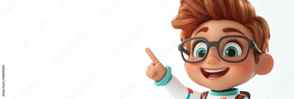 Poster A cheerful animated character with glasses, pointing and smiling, representing curiosity and learning.