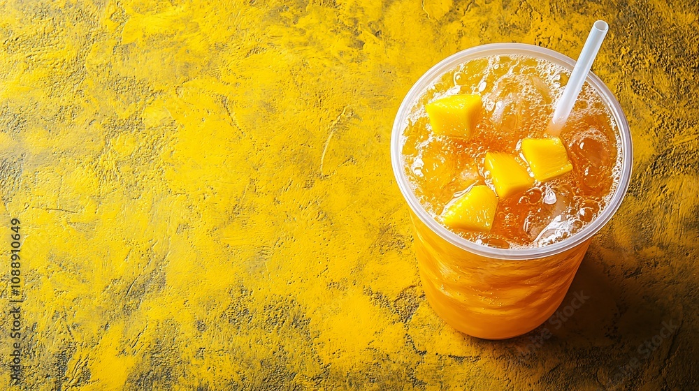 Poster 45-degree topview Isolated on background a tropical mango soda with rich orange mango juice layered beneath fizzy soda topped with mango chunks creating a water splash on a matching golden yellow