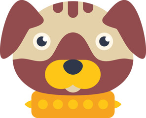 Minimalist vector illustration of a cute pug dog face wearing a studded collar, on a white background