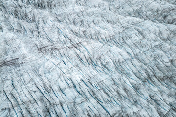 Aerial view of intricate patterns and textures on a glacier