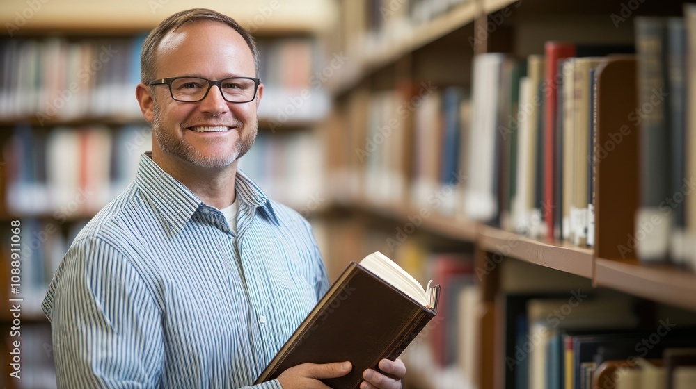 Poster a smiling man holding a book in a library, surrounded by shelves filled with books.