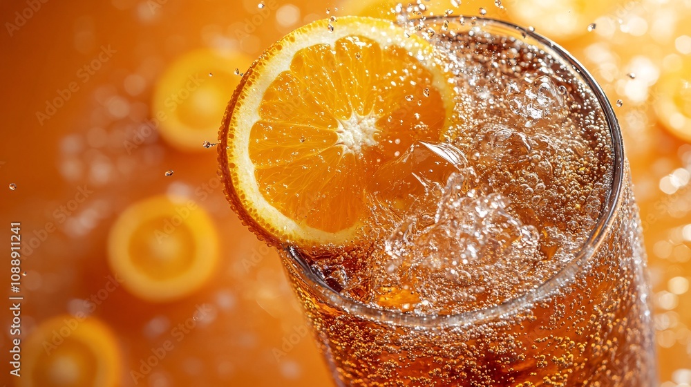 Poster 45-degree topview isolated on background a vibrant orange soda drink with sunny orange juice layered