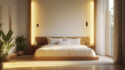 Fototapeta premium Luxurious Bedroom and Bathroom Interiors with Stylish Decor Elements, Modern Cityscape Views, and Elegant Design Accents