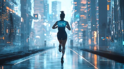 Fototapeta premium Futuristic Jogger Tracked by Holographic Health Assistant in Illuminated City Nightscape