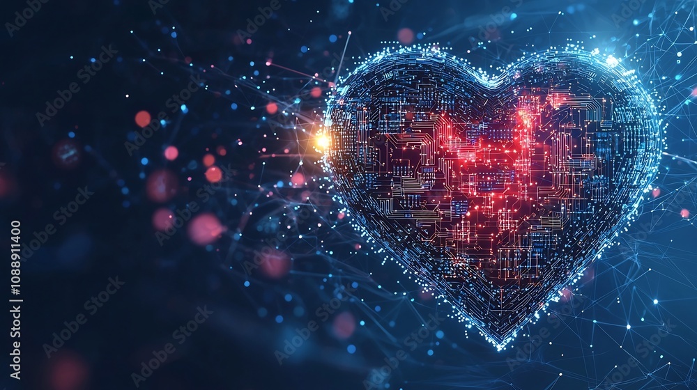 Poster glowing digital heart symbolizing smart health monitoring with wearable tech and devices