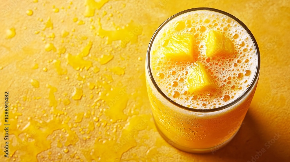 Poster 45-degree topview isolated on background a refreshing pineapple soda with golden pineapple juice lay