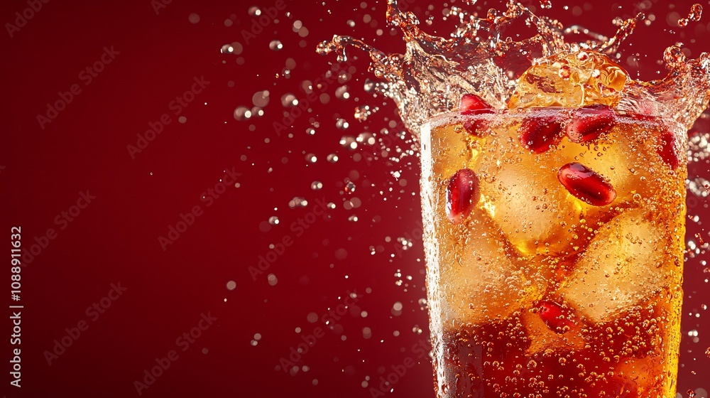 Poster 45-degree topview Isolated on background a rich pomegranate soda drink with ruby red juice layered beneath fizzy soda and pomegranate seeds splashing into the glass on a deep red background with side