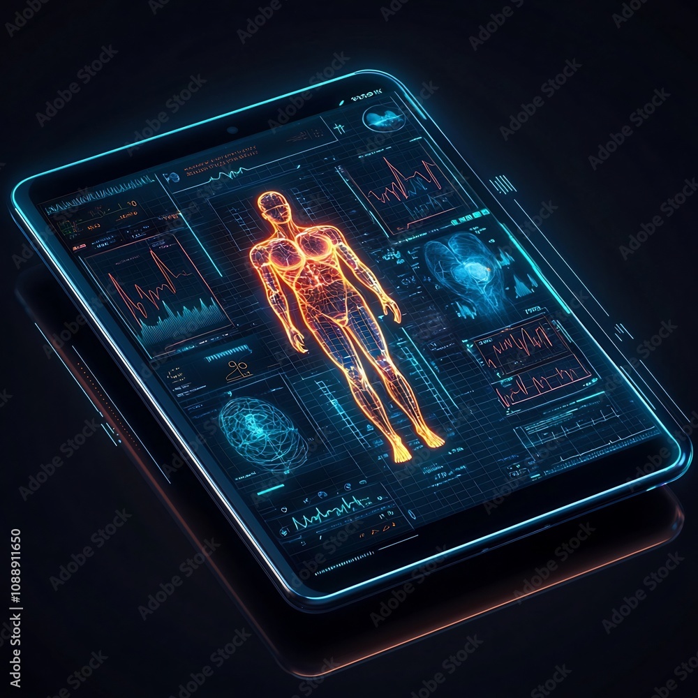 Poster holographic tablet displaying futuristic health data and ai driven preventative care insights
