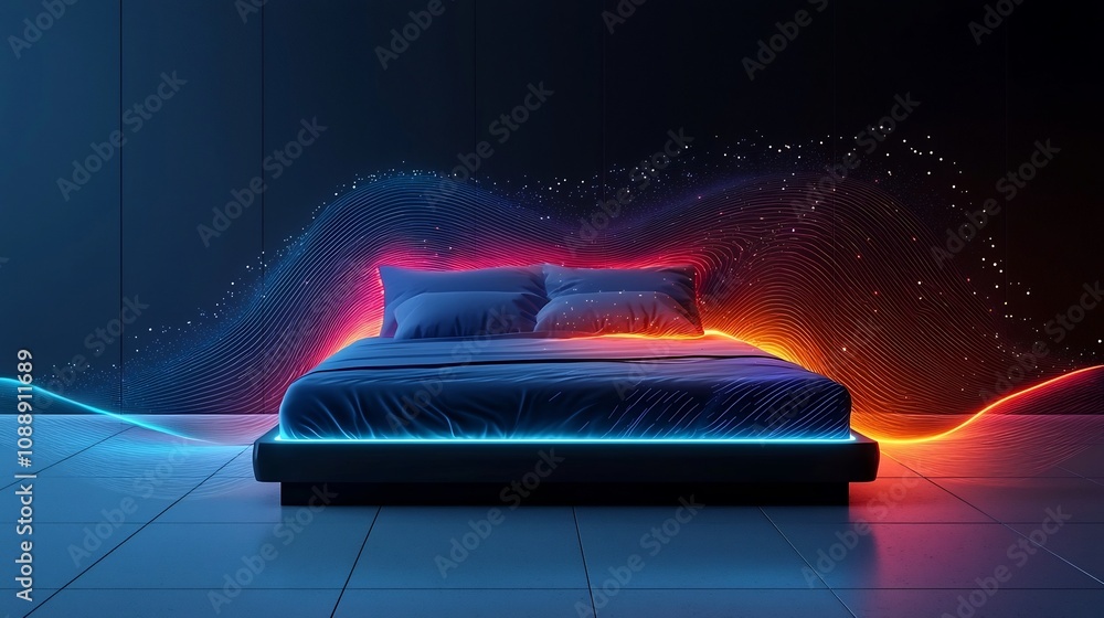 Poster futuristic smart bed tracking sleep patterns with glowing data visualization