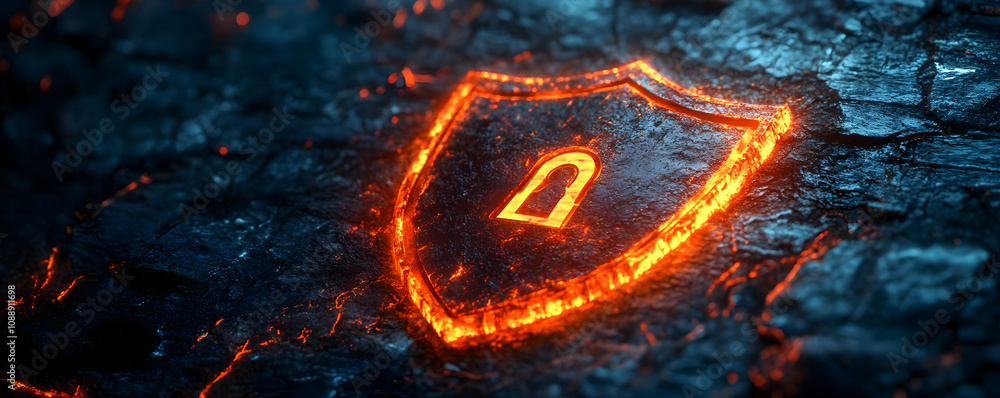 Poster glowing shield with lock icon embedded in molten rock surface