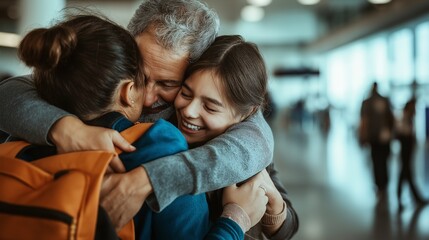 family hugging each other tightly in an emotional reunion at an airport