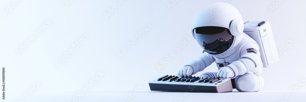 Poster An astronaut plays a synthesizer, blending space exploration with music creation.