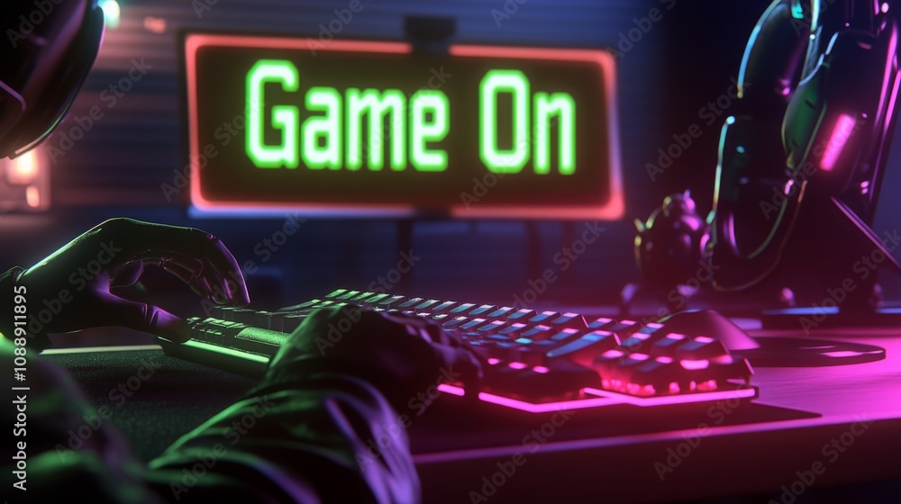 Aufkleber a dedicated gamer types on a backlit keyboard surrounded by a colorful array of neon lights. the atm